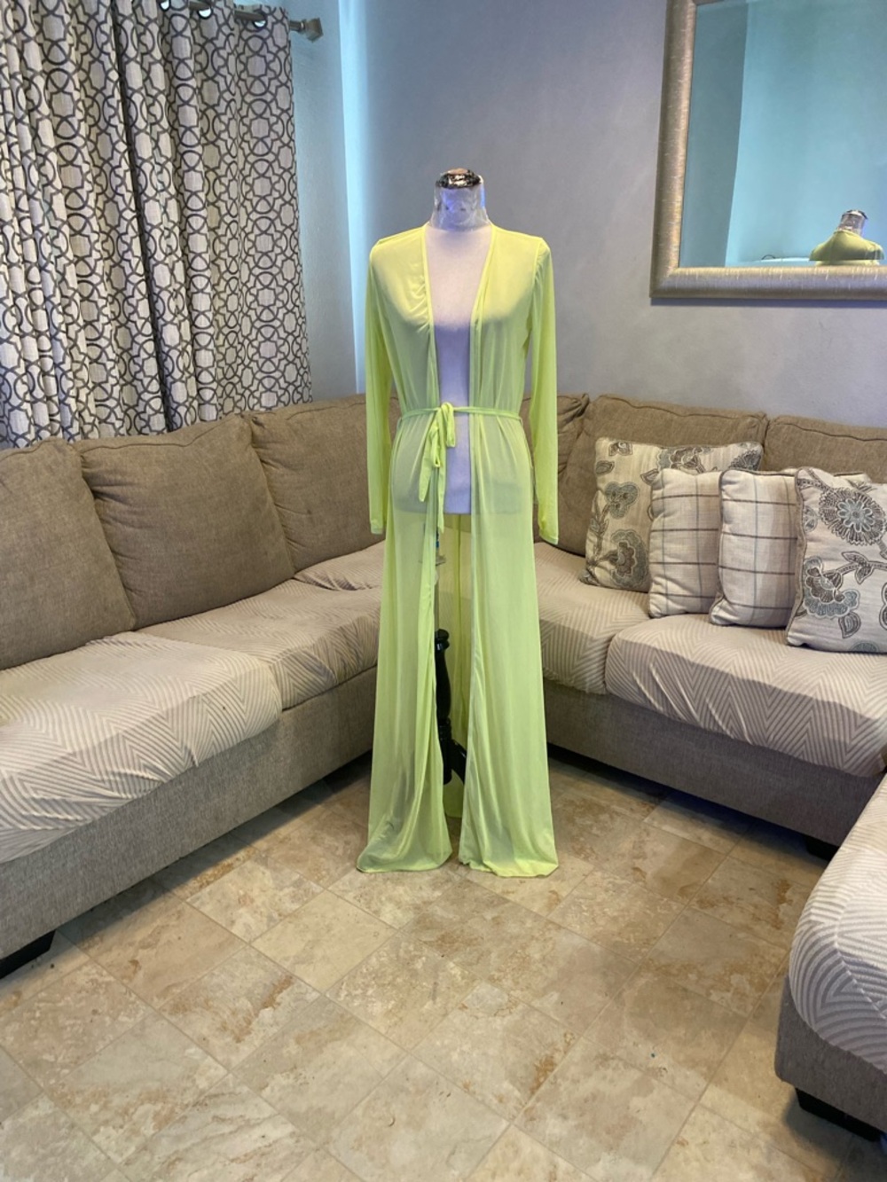 New Women Medium vibrant neon green long-sleeve mesh beach maxi cover-up